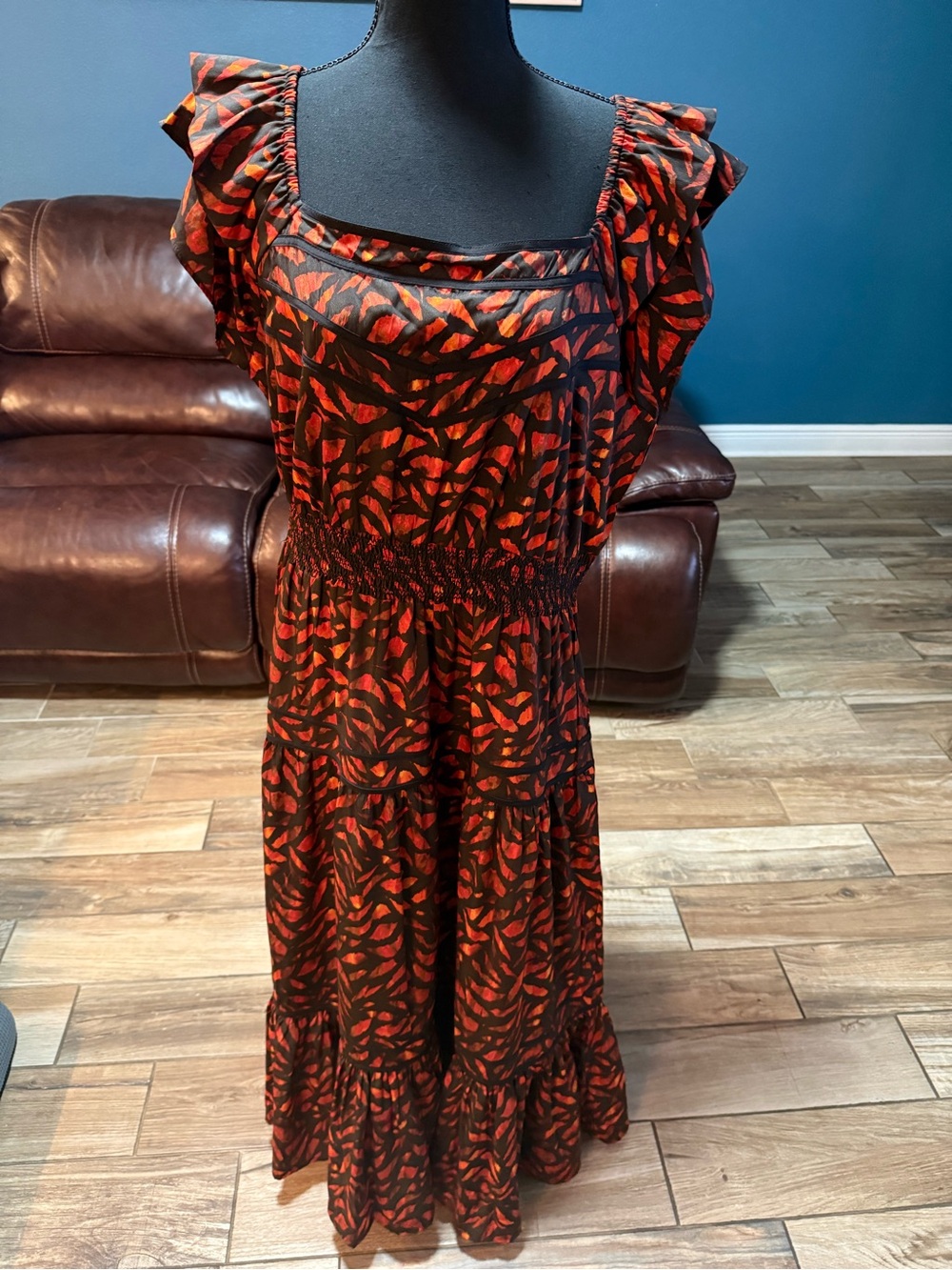 Democracy Black and Red Printed Maxi Dress with Ruffle Shoulders